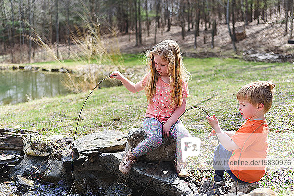 Two children fish with sticks in a creek.