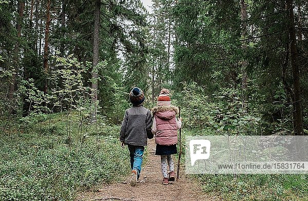 brother and sister holding hands walking through the woods in fall