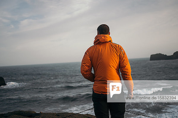 Junger Mann steht am windigen Strand von DyrhÃ³laey  Island