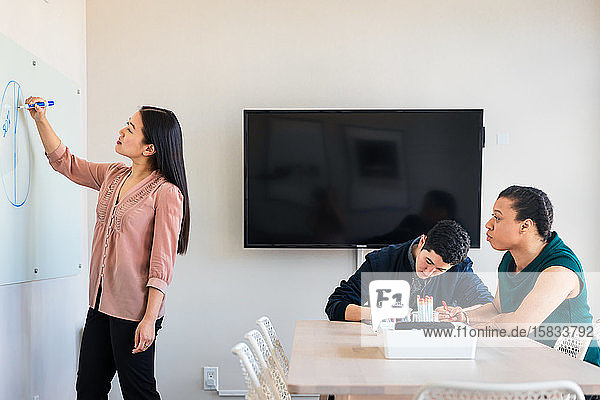 Geschäftsfrau zeichnet Diagramm am Whiteboard  während sie mit Kollegen bei einer Besprechung im Büro plant