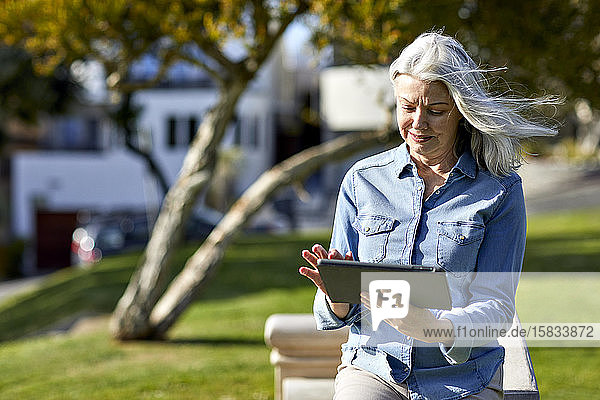 Lächelnde Frau  die einen Tablet-Computer benutzt  während sie an einer Stützmauer im Park an einem sonnigen Tag steht