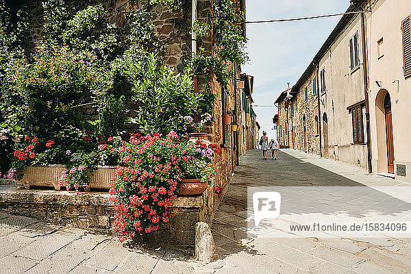 Corner of street with blooming flowers in pots decorating house