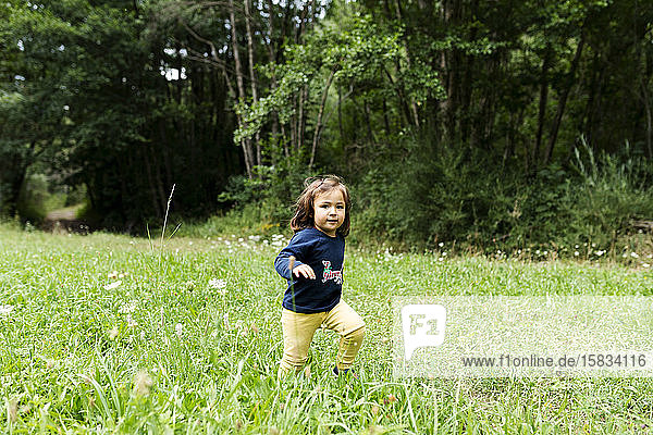 Carefree little girl running on meadow