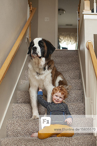 Kleinkind Junge lächelt und lehnt sich zu Hause auf der Treppe an großen Hund an