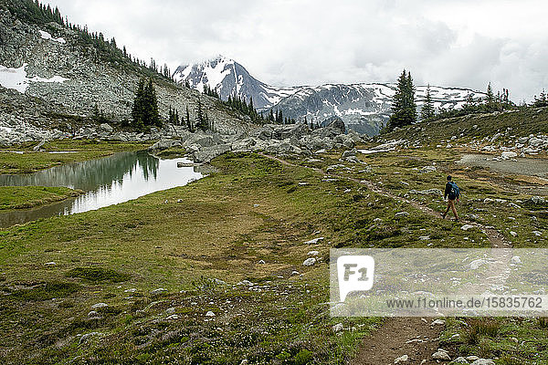 A man hikes on an alpine trail on a cloudy summer day on Blackcomb Mountain in BC.