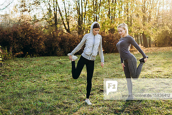 Morgendliche Fitness im Park. Zwei junge Mädchen machen Übungen.