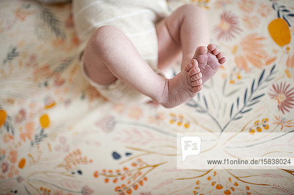 Nahaufnahme von Neugeborenenfüßen gegen das Blumenspickzettel zu Hause