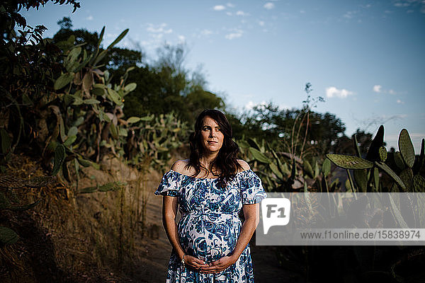 Pregnant Mid Thirties Woman Posing in Cactus Garden
