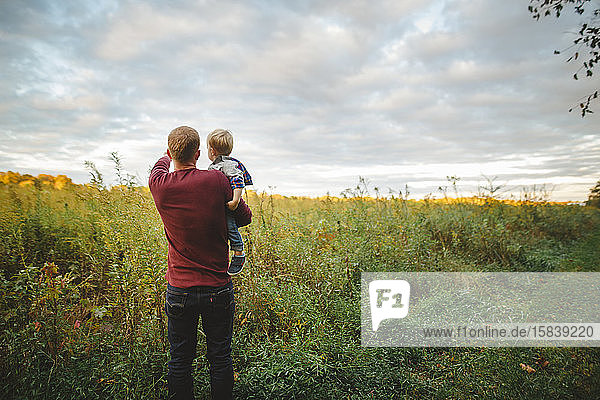 A father holds his small son in his arms in a field at sunset