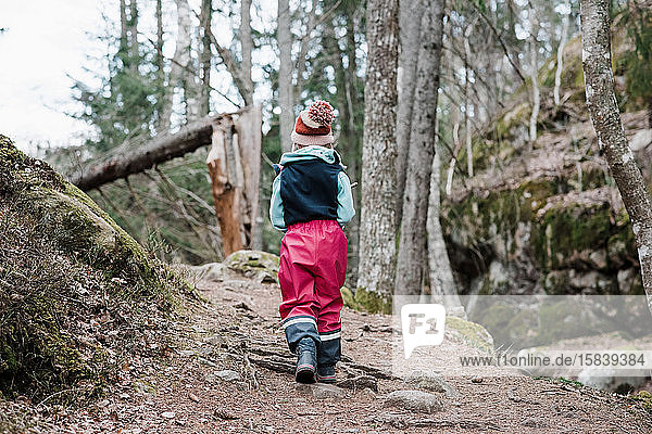 rear view of a young girl hiking through a forest in Sweden
