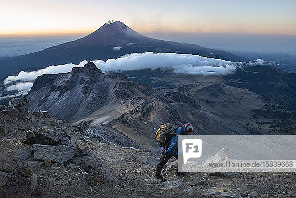 one man climbing Iztaccihuatl volcano in Mexico
