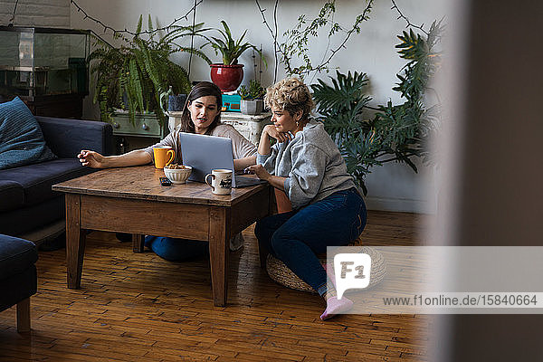 Junge und mittlere erwachsene Mitbewohner mit Laptop am Tisch gegen Topfpflanzen im Wohnzimmer