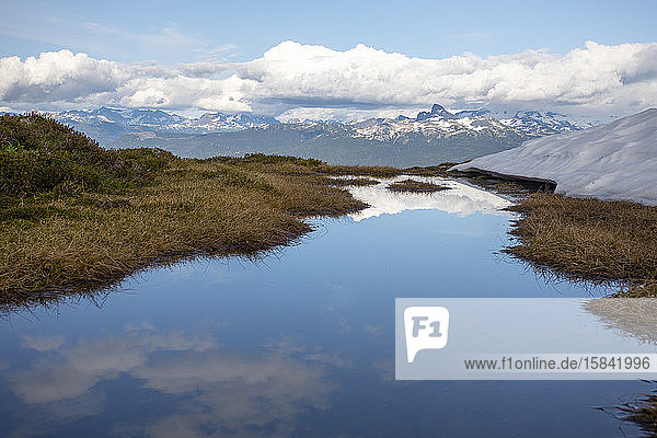 An alpine pond reflects the blue sky and the nearby mountains.