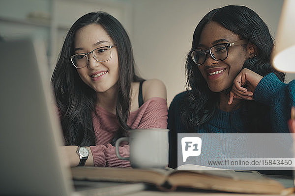 zwei junge Frauen lächeln mit einem Laptop