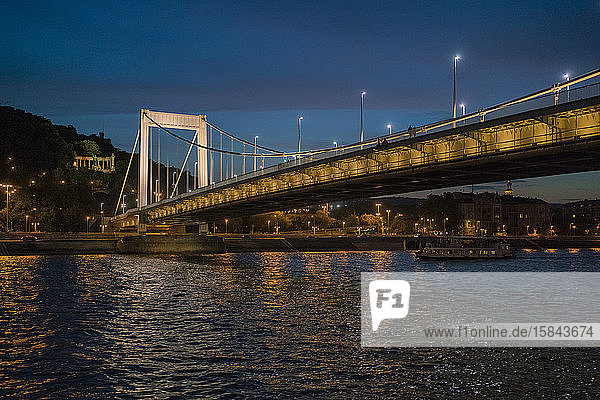 Nachts beleuchtete Elisabeth-Brücke mit Kreuzfahrtschiff und blauem Himmel