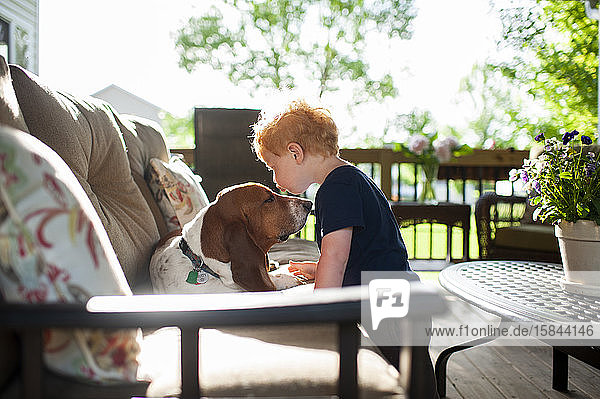 Toddler boy kissing his basset hound dog on the deck in spring