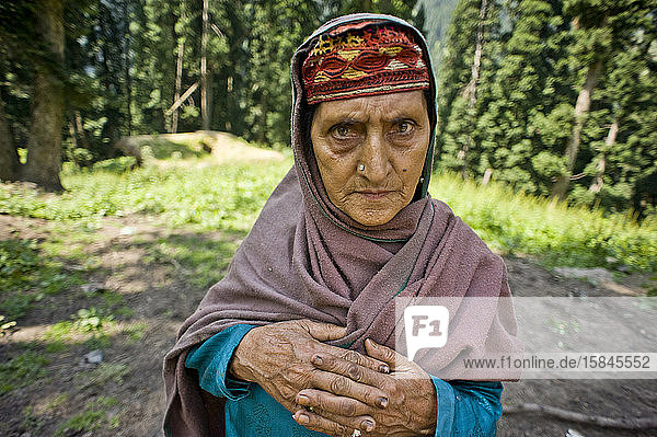 Alte Frau der Ethnie der Gujjar im Wald des Aru-Tals