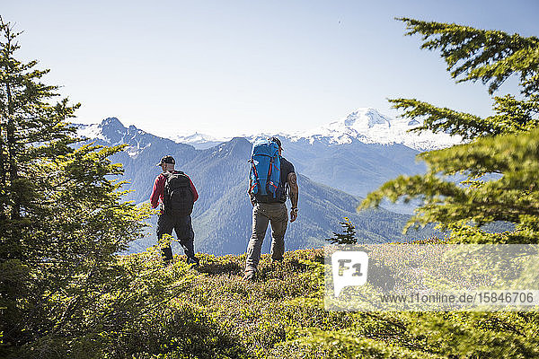 Two backpackers hiking on Bald Mountain  Washington.