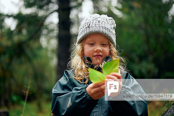 Hübsches blondes Mädchen mit warmem Hut hält grüne Blätter in der Hand