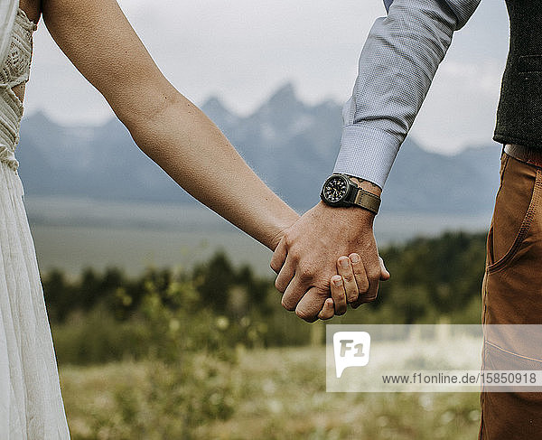 Braut und Bräutigam halten sich vor dem Grand Teton in Wyoming an den Händen