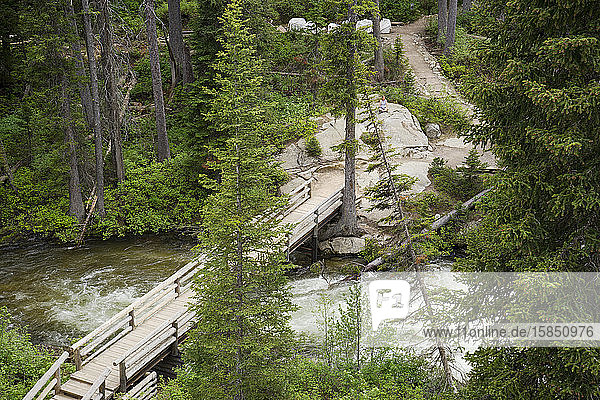 Eine Fußgängerbrücke über den Cascade Creek und eine auf einem Felsen sitzende Frau