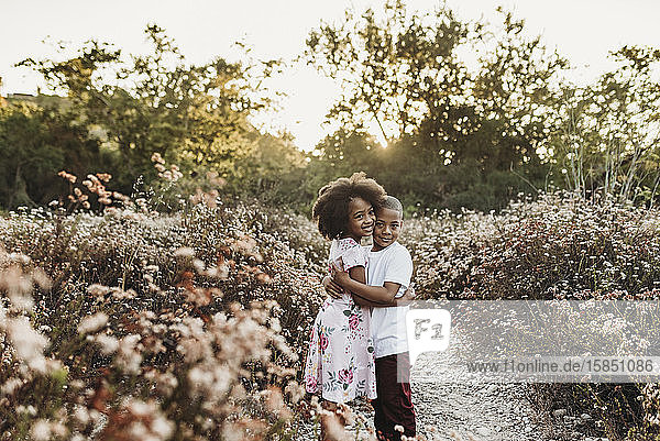 Mid view of brother and sister hugging in backlit field of flowers