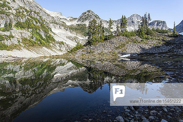 Scenic view of a mountain peak and its reflection on a lake.