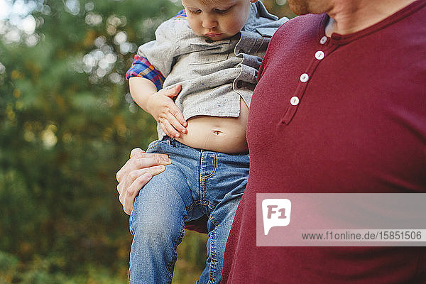 Close-up of a toddler in father's arms investigating his exposed belly