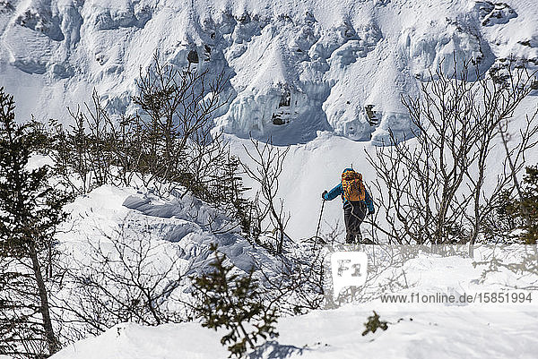Eine Frau fährt in frischem Pulverschnee in der Nähe der Tuckerman-Schlucht am Mount Washington in den White Mountains von New Hampshire Ski.