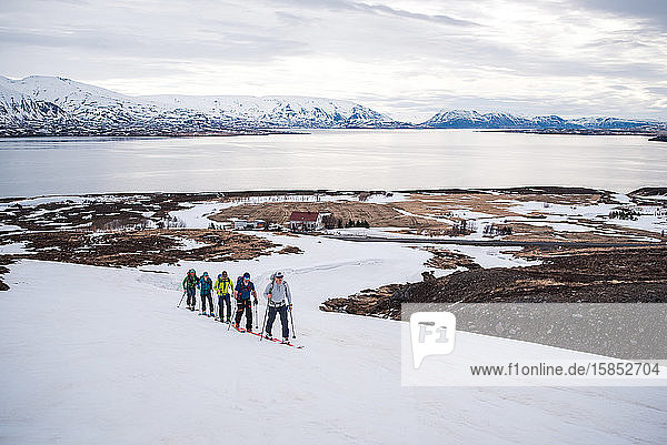 Eine Gruppe beim Skilanglauf in Island mit dem Ozean im Hintergrund