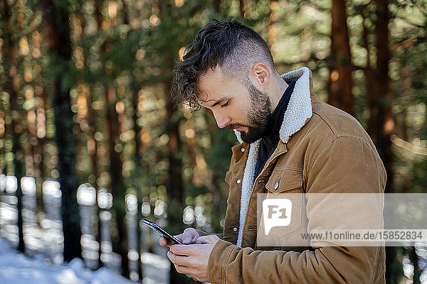 Tourist in den Bergen konsultiert das Smartphone