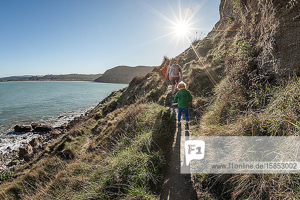 Vater und Kinder wandern auf einem Bergweg am Meer in Neuseeland