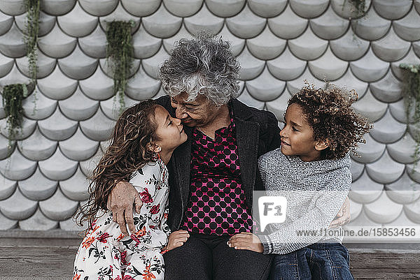 Porträt einer Großmutter mit Zwillingsenkelkindern