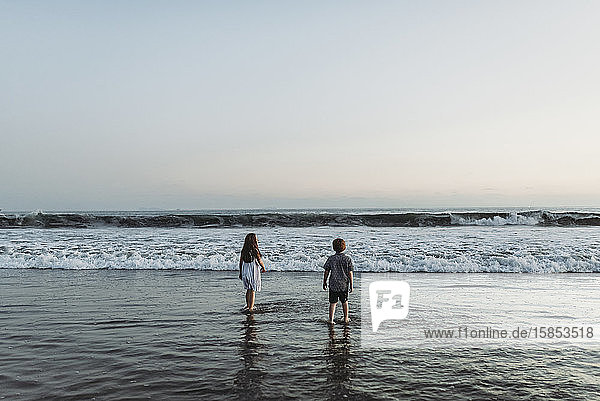 Siblings walking into the ocean staring at the horizon at sunset