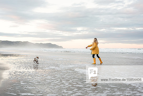 Preteen girl playing with dog at beach in New Zealand
