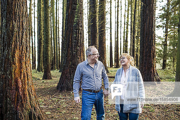 Ein pensioniertes romantisches Paar beim Waldspaziergang.