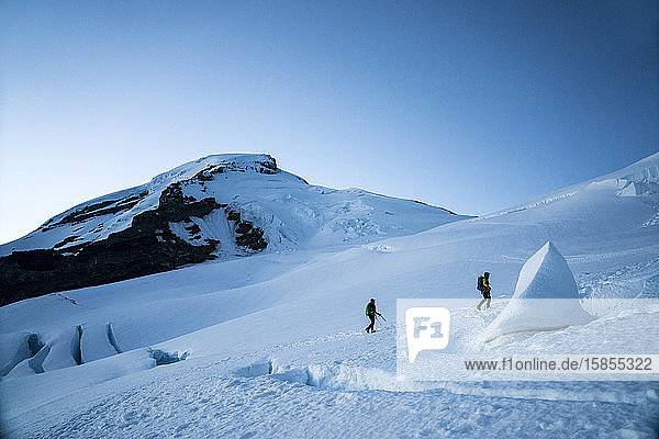 Zwei Bergsteiger wandern auf einen Gletscher  im Hintergrund der Gipfel des Mt. Baker