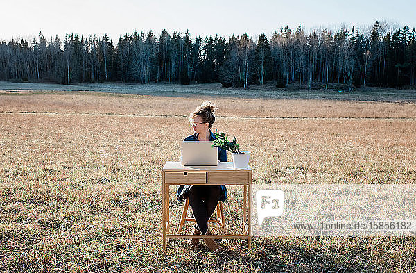 reisende Frau  die bei Sonnenuntergang auf einem Feld an Schreibtisch und Laptop arbeitet