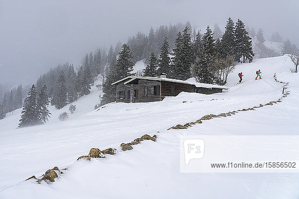 In einer Winterlandschaft kommen zwei Wanderer in der Nähe einer Berghütte