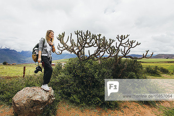 Junge Frau mit einer Kamera steht auf einem Felsen in der Nähe eines Kaktus in Peru