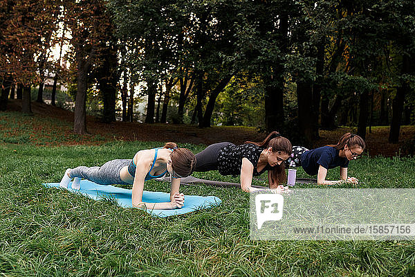 Die entspannten Mädchen machen Yoga im Park auf Teppich