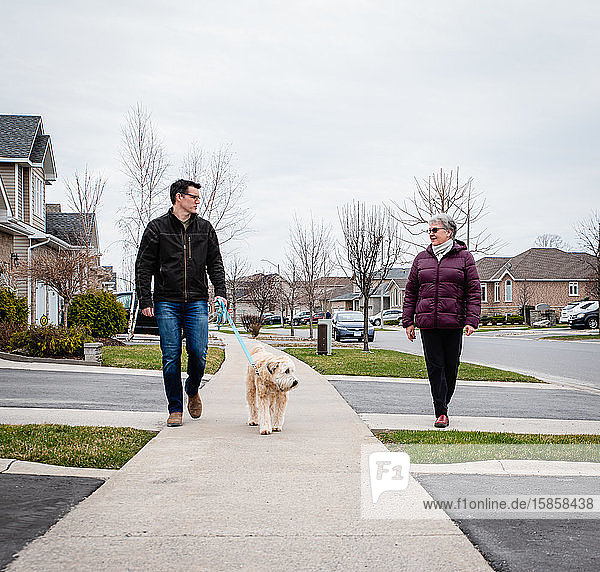 Mann und ältere Dame gehen mit dem Hund auf dem Bürgersteig eines Vorstadtviertels spazieren.