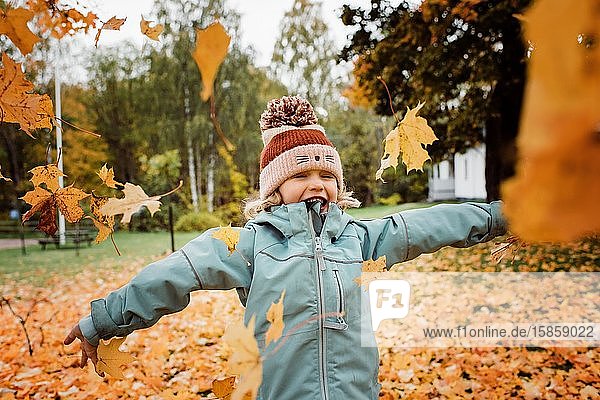 junges Mädchen  das lacht und Herbstblätter in die Luft wirft
