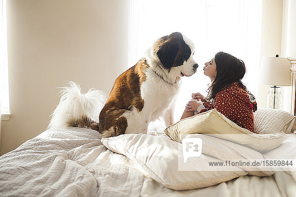 Junges Mädchen sitzt auf dem Bett mit großem Hund  der ihn gleich auf die Nase küssen wird