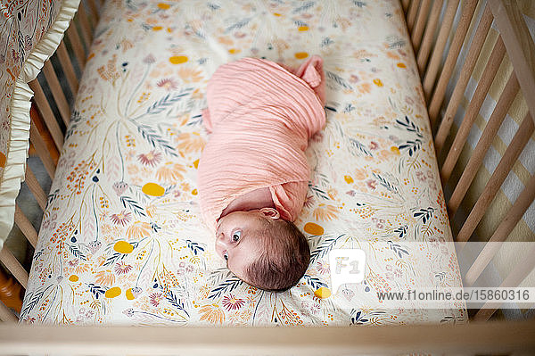 Hochwinkelaufnahme eines neugeborenen Mädchens in einer Krippe mit zu Hause geöffnetem Editor
