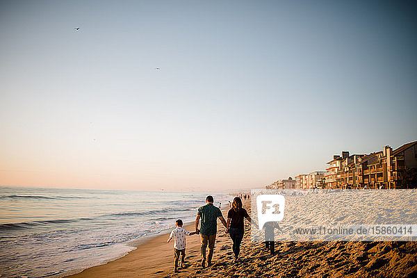 Family of Four Walking Away on Beach  Holding Hands at Sunset