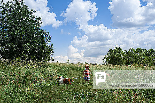 Toddler boy walking basset hound dog in field outdoors