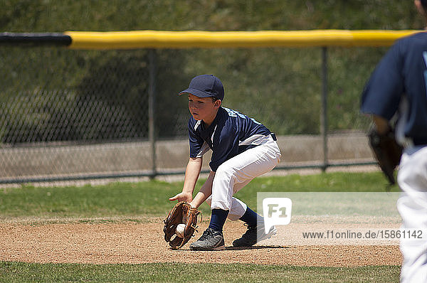 Little League baseball infielder fielding a ground ball