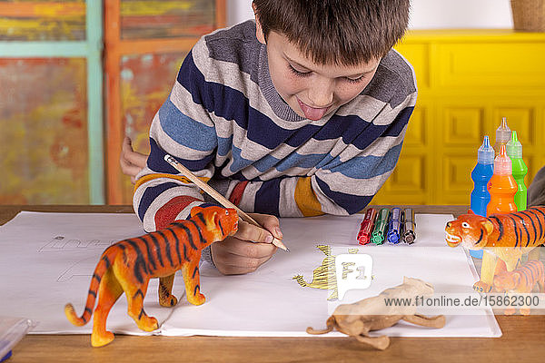 Boy sitting at a table drawing a tiger.