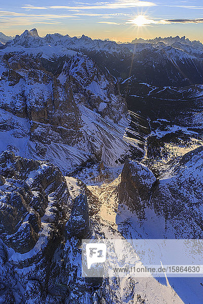 Aerial view of Catinaccio Group at sunset Sciliar Natural Park Dolomites Trentino-Alto Adige Italy Europe
